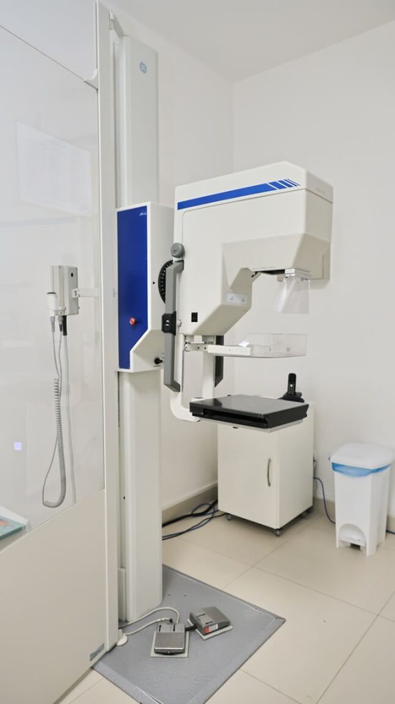Mamógrafo, aparelho de mamografia, na sala da realização do exame na Lagos Scan, clínica em Araruama/RJ