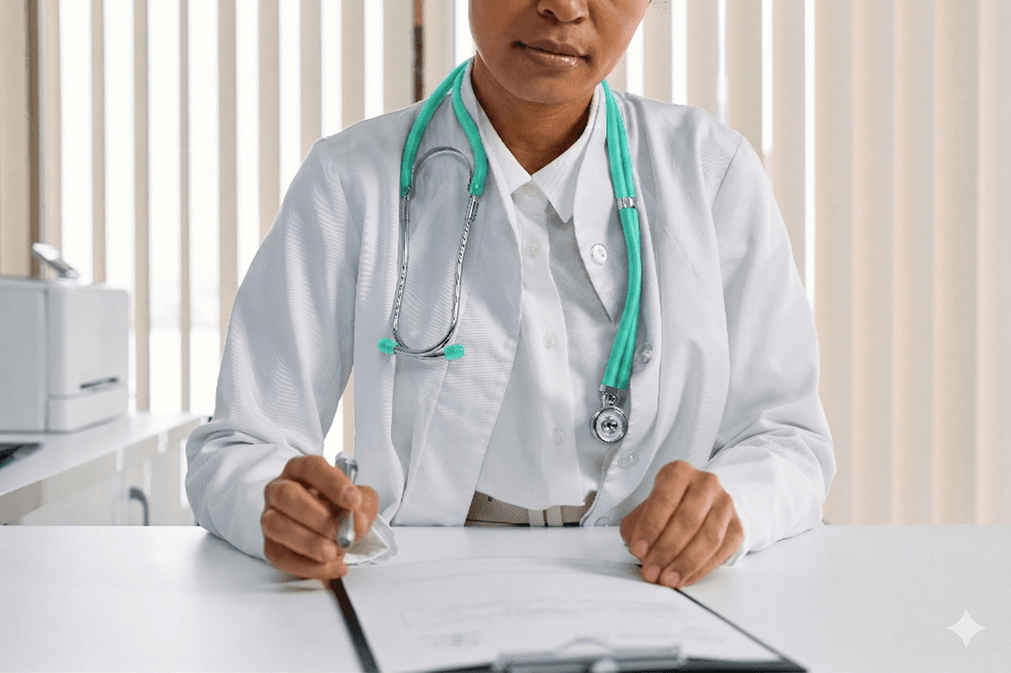 Médica com estetoscópio verde preenchendo uma ficha de anamnese médica para triagem de exames de imagem por faixa etária na Lagos Scan.