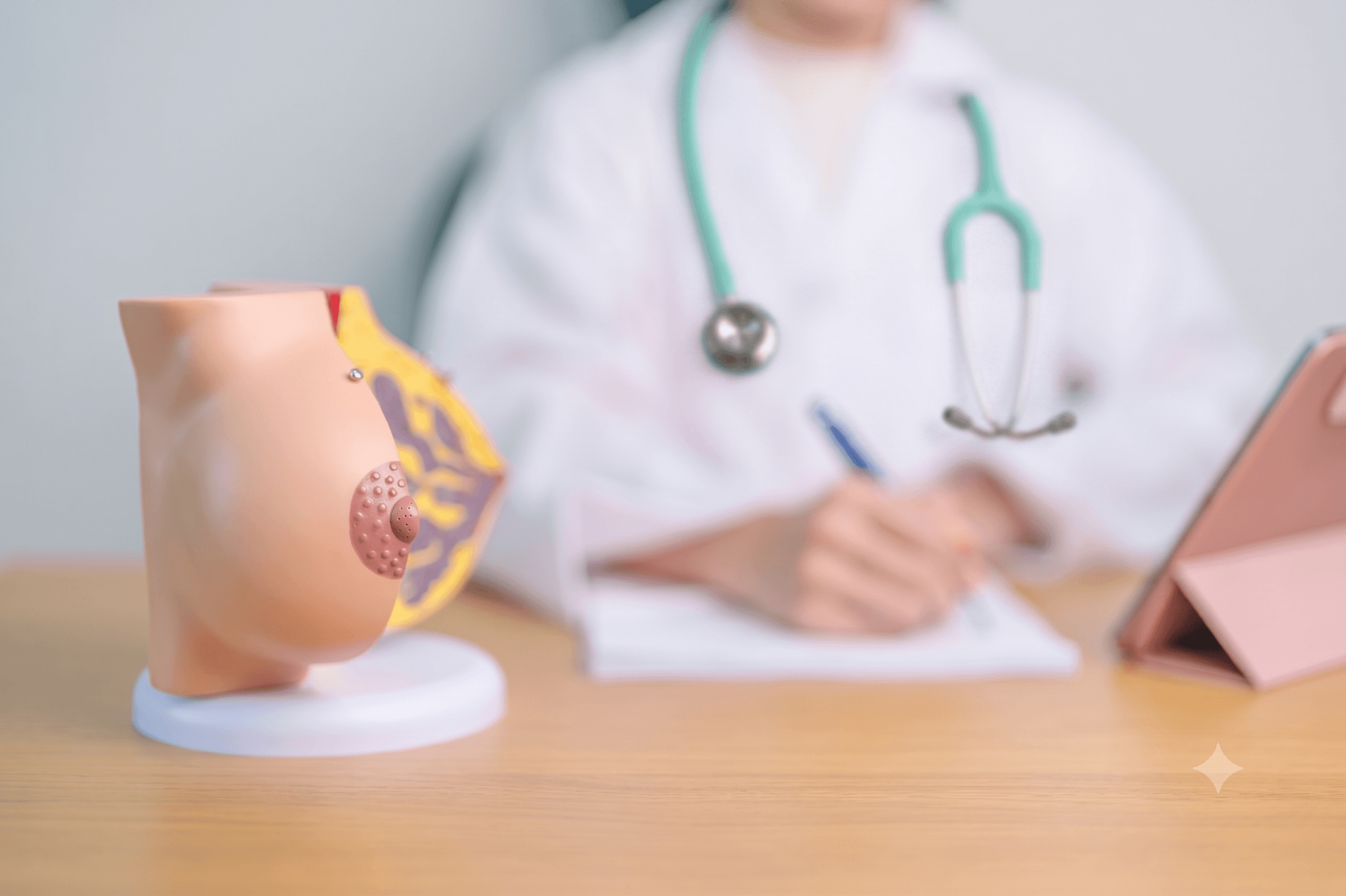 Maquete anatômica de mama sobre mesa de consultório com médica radiologista ao fundo fazendo anotações na clínica Lagos Scan