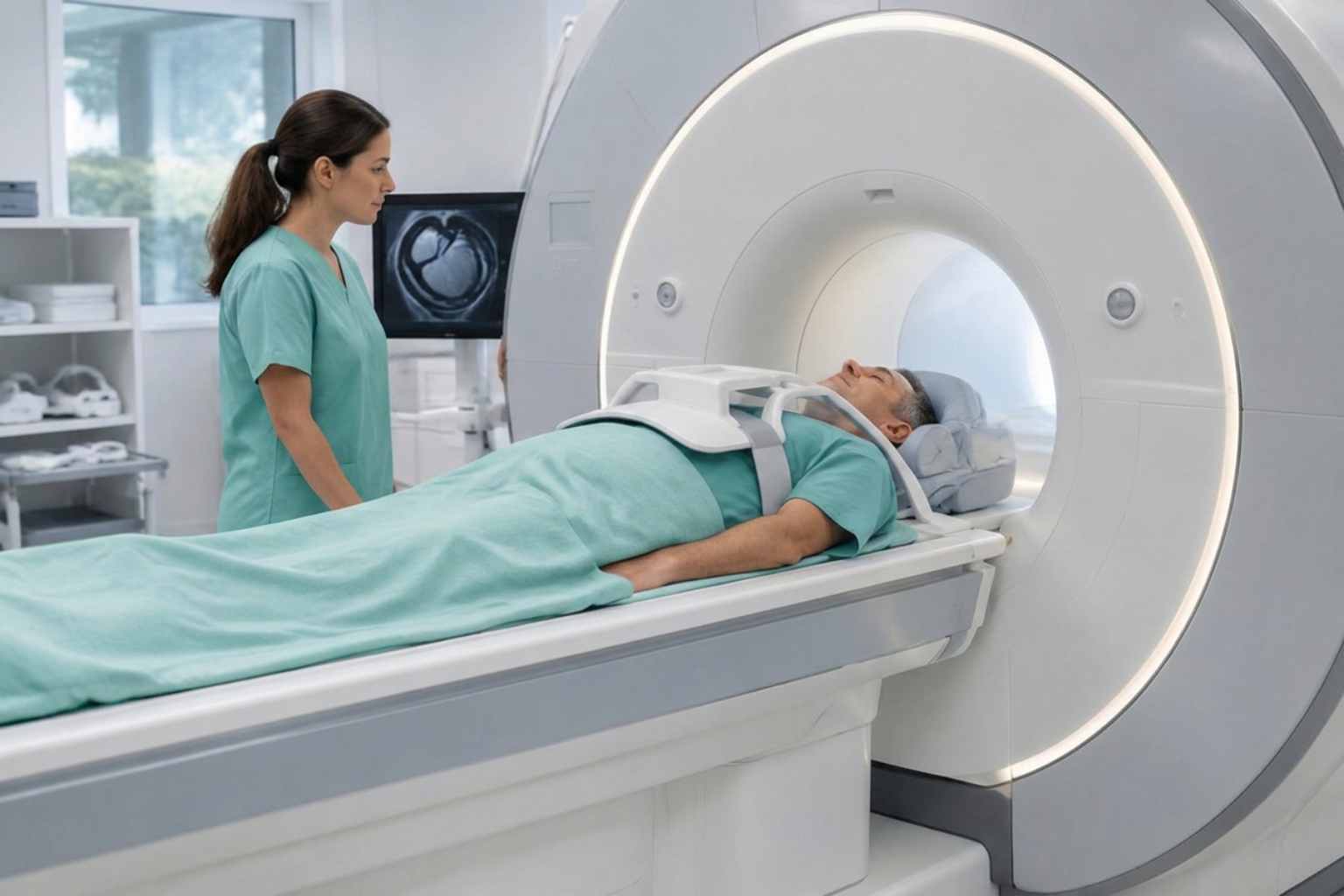 Paciente posicionado com bobina cardíaca torácica no aparelho de ressonância magnética com técnica de radiologia na clínica Lagos Scan, em Araruama